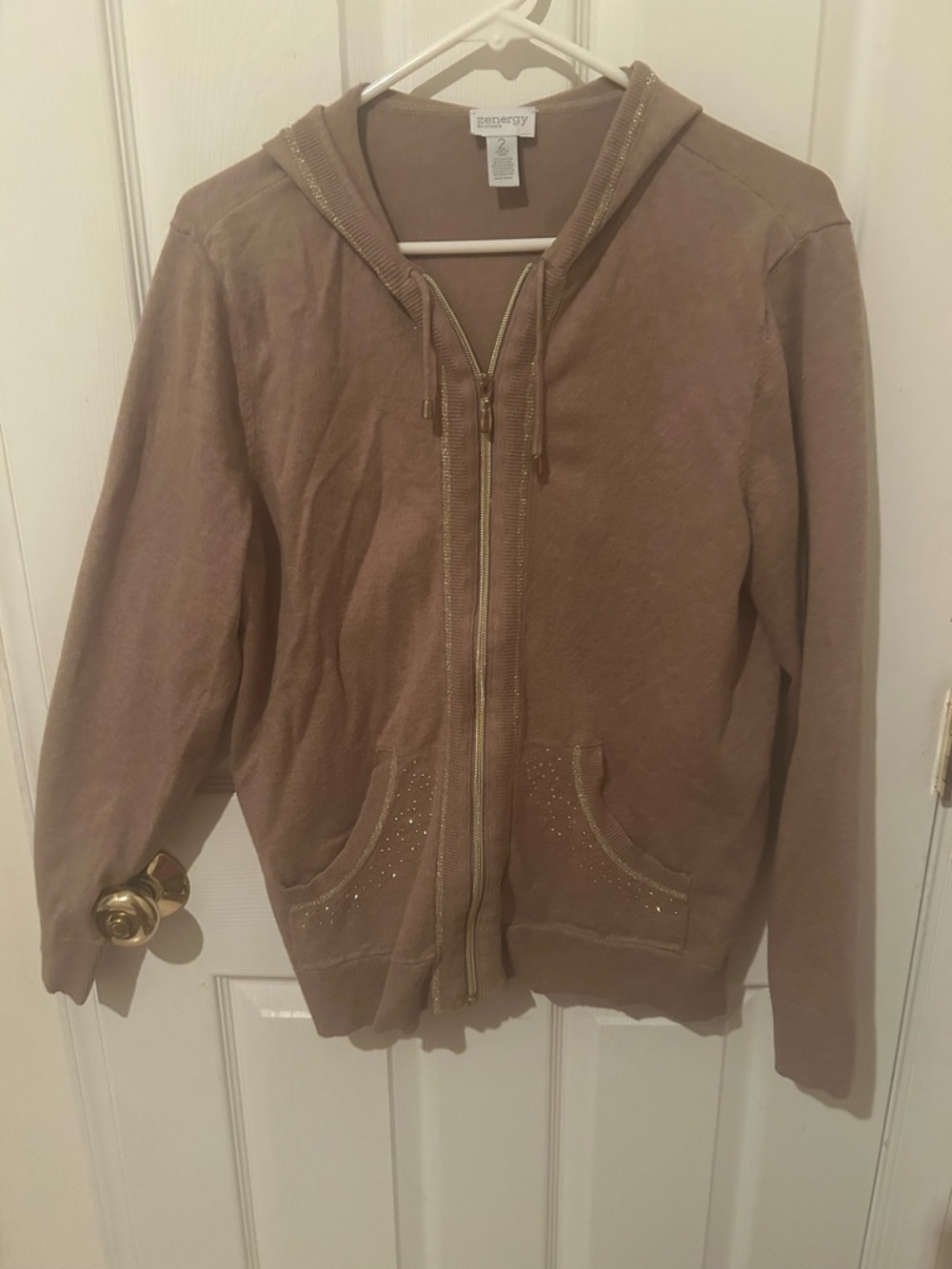 Zenergy by Chicos Women's Taupe Zip Hoodie with Rhinestone Trim